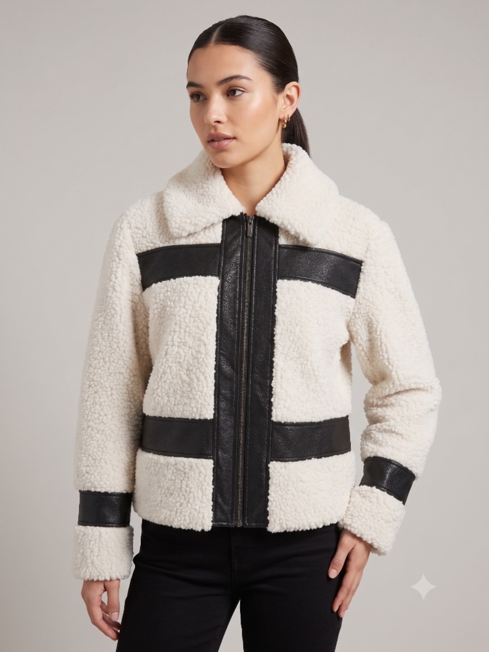 1.STATE Cream Sherpa & Black Faux Leather Moto Aviator Jacket Size M